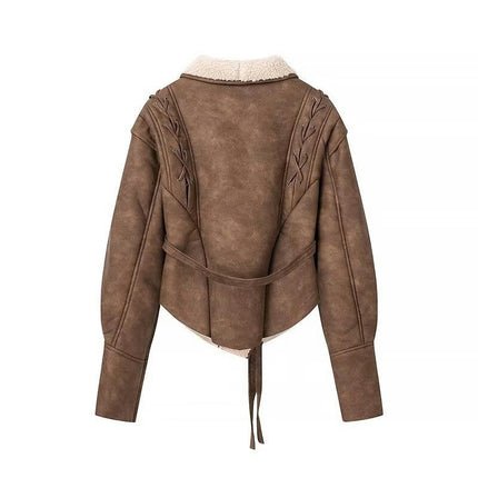 Women's Faux Shearing Fur Lined Jacket Open Front Faux Leather Cropped Coat with Belt