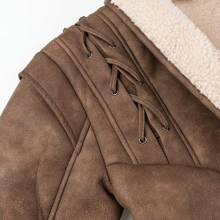 Women's Faux Shearing Fur Lined Jacket Open Front Faux Leather Cropped Coat with Belt