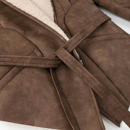 Women's Faux Shearing Fur Lined Jacket Open Front Faux Leather Cropped Coat with Belt