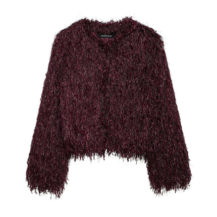 Women's Fashion Cropped Faux Fur Jacket Long Sleeve Open Front Casual Fluffy Shaggy Coat