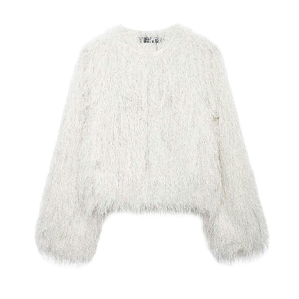 Women's Fashion Cropped Faux Fur Jacket Long Sleeve Open Front Casual Fluffy Shaggy Coat