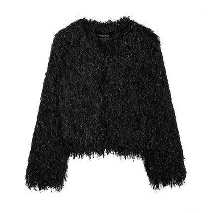 Women's Fashion Cropped Faux Fur Jacket Long Sleeve Open Front Casual Fluffy Shaggy Coat
