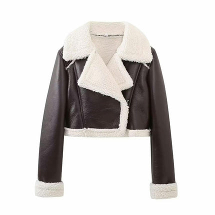 Women Faux Leather Moto Jacket Thicken Fleece Lined Winter Shearling Fluffy Cropped Coat