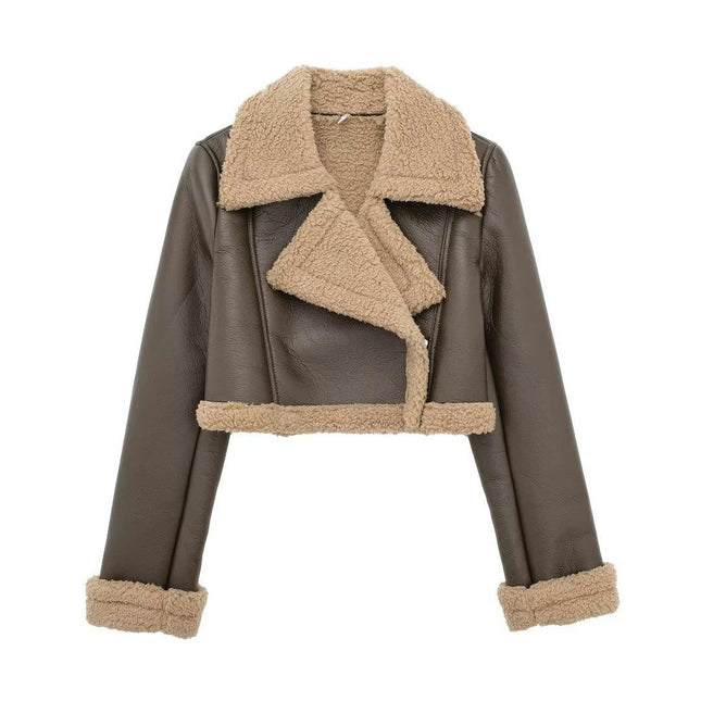 Women Faux Leather Moto Jacket Thicken Fleece Lined Winter Shearling Fluffy Cropped Coat