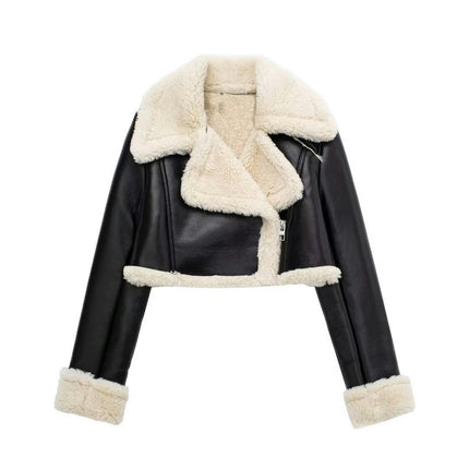 Women Faux Leather Moto Jacket Thicken Fleece Lined Winter Shearling Fluffy Cropped Coat
