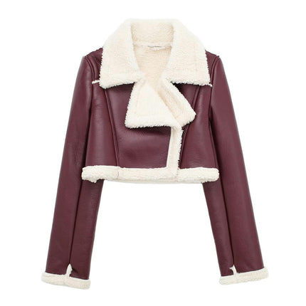 Women Faux Leather Moto Jacket Thicken Fleece Lined Winter Shearling Fluffy Cropped Coat