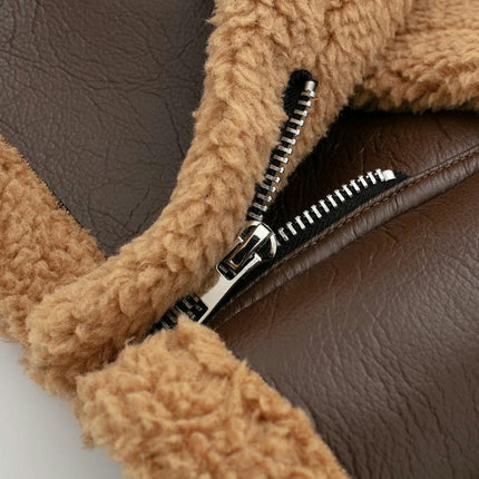 Women Faux Leather Moto Jacket Thicken Fleece Lined Winter Shearling Fluffy Cropped Coat