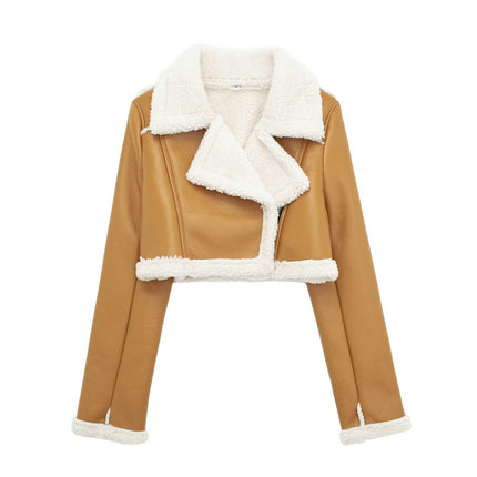 Women Faux Leather Moto Jacket Thicken Fleece Lined Winter Shearling Fluffy Cropped Coat