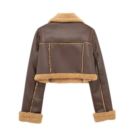 Women Faux Leather Moto Jacket Thicken Fleece Lined Winter Shearling Fluffy Cropped Coat