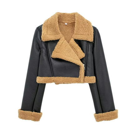 Women Faux Leather Moto Jacket Thicken Fleece Lined Winter Shearling Fluffy Cropped Coat