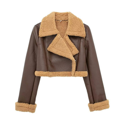 Women Faux Leather Moto Jacket Thicken Fleece Lined Winter Shearling Fluffy Cropped Coat