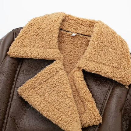 Women Faux Leather Moto Jacket Thicken Fleece Lined Winter Shearling Fluffy Cropped Coat