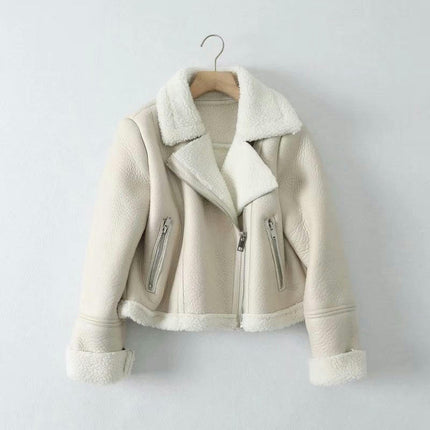 Women's Faux Leather Moto Jacket Winter Zip Up Faux Shearing Lined Cropped Coat