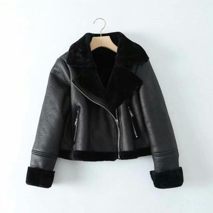 Women's Faux Leather Moto Jacket Winter Zip Up Faux Shearing Lined Cropped Coat