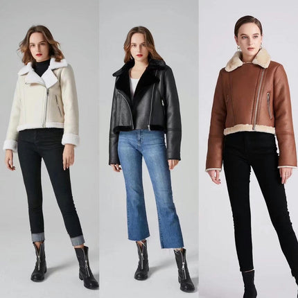 Women's Faux Leather Moto Jacket Winter Zip Up Faux Shearing Lined Cropped Coat