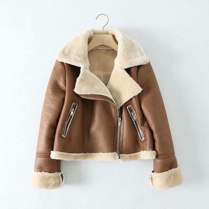 Women's Faux Leather Moto Jacket Winter Zip Up Faux Shearing Lined Cropped Coat