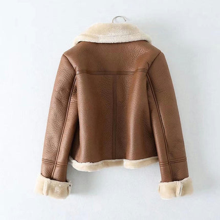 Women's Faux Leather Moto Jacket Winter Zip Up Faux Shearing Lined Cropped Coat
