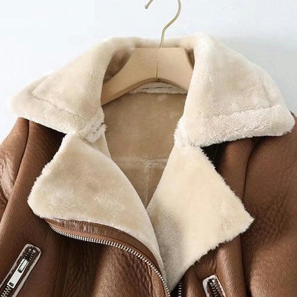 Women's Faux Leather Moto Jacket Winter Zip Up Faux Shearing Lined Cropped Coat
