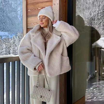 Womens Winter Fashion Sherpa Coats Lapel Open Front Fleece Jacket Long Sleeve Pockets Outerwear