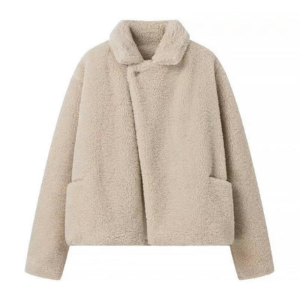 Womens Winter Fashion Sherpa Coats Lapel Open Front Fleece Jacket Long Sleeve Pockets Outerwear