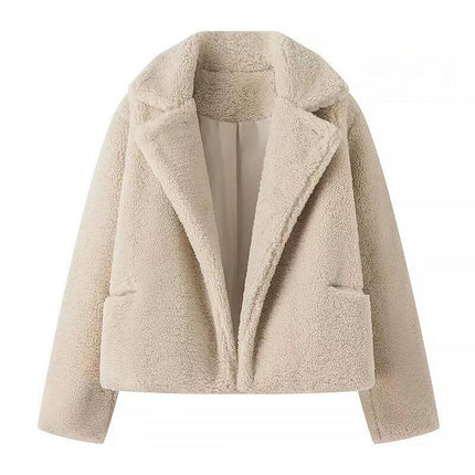 Womens Winter Fashion Sherpa Coats Lapel Open Front Fleece Jacket Long Sleeve Pockets Outerwear