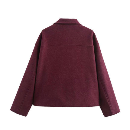 Women's Copped Blend Coat Zip Up Lapel Bomber Jacket Outerwear with Pockets