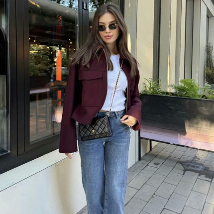 Women's Copped Blend Coat Zip Up Lapel Bomber Jacket Outerwear with Pockets