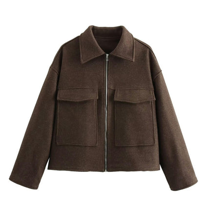 Women's Copped Blend Coat Zip Up Lapel Bomber Jacket Outerwear with Pockets