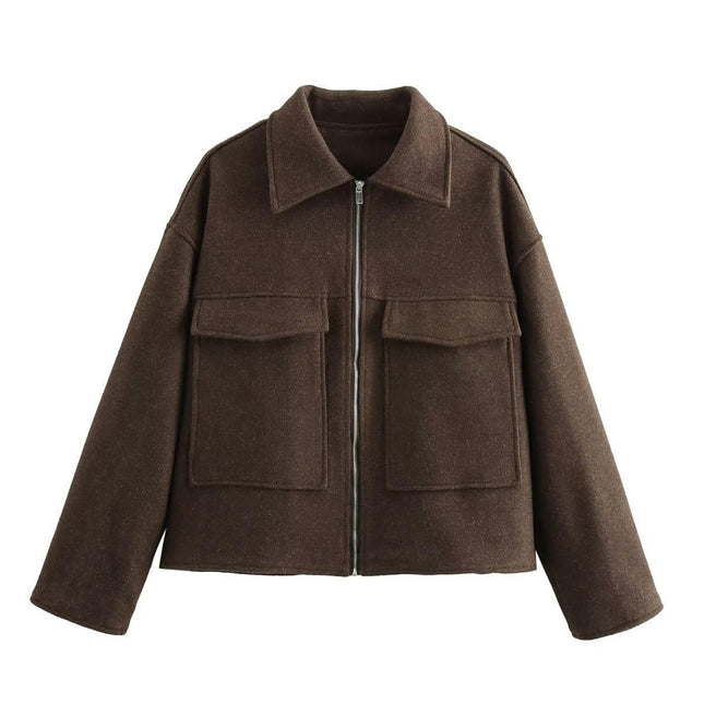 Women's Copped Blend Coat Zip Up Lapel Bomber Jacket Outerwear with Pockets