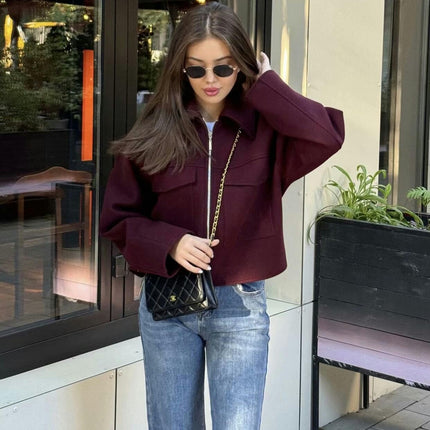 Women's Copped Blend Coat Zip Up Lapel Bomber Jacket Outerwear with Pockets