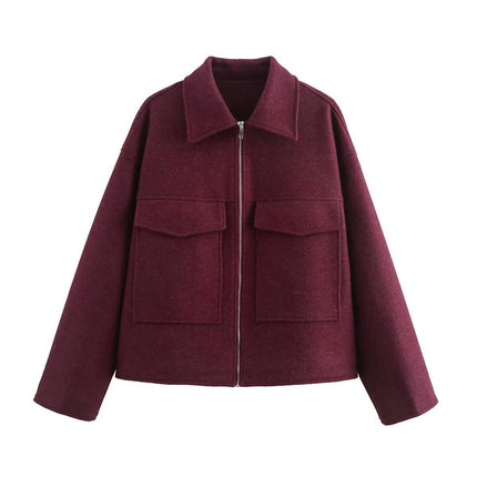 Women's Copped Blend Coat Zip Up Lapel Bomber Jacket Outerwear with Pockets