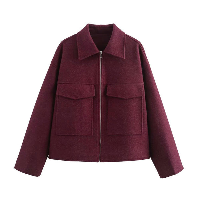 Women's Copped Blend Coat Zip Up Lapel Bomber Jacket Outerwear with Pockets