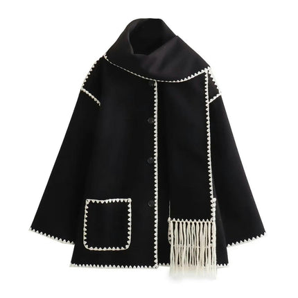 Women's Winter Jackets Trendy Warm Mid Length Blend Coat Casual Outerwear with Scarf