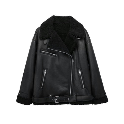 Women's Faux Shearing Fur Winter Coat Thick Warm Fur Lined Faux Leather Jacket