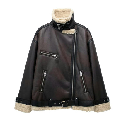 Women's Faux Shearing Fur Winter Coat Thick Warm Fur Lined Faux Leather Jacket