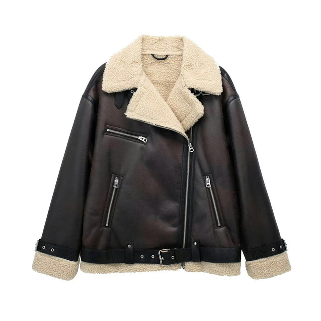 Women's Faux Shearing Fur Winter Coat Thick Warm Fur Lined Faux Leather Jacket