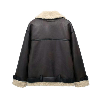 Women's Faux Shearing Fur Winter Coat Thick Warm Fur Lined Faux Leather Jacket