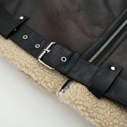 Women's Faux Shearing Fur Winter Coat Thick Warm Fur Lined Faux Leather Jacket