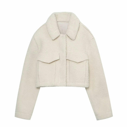 Women Fall Winter Fleece Jacket Long Sleeve Casual Button Fuzzy Sherpa Cropped Coats Outerwear