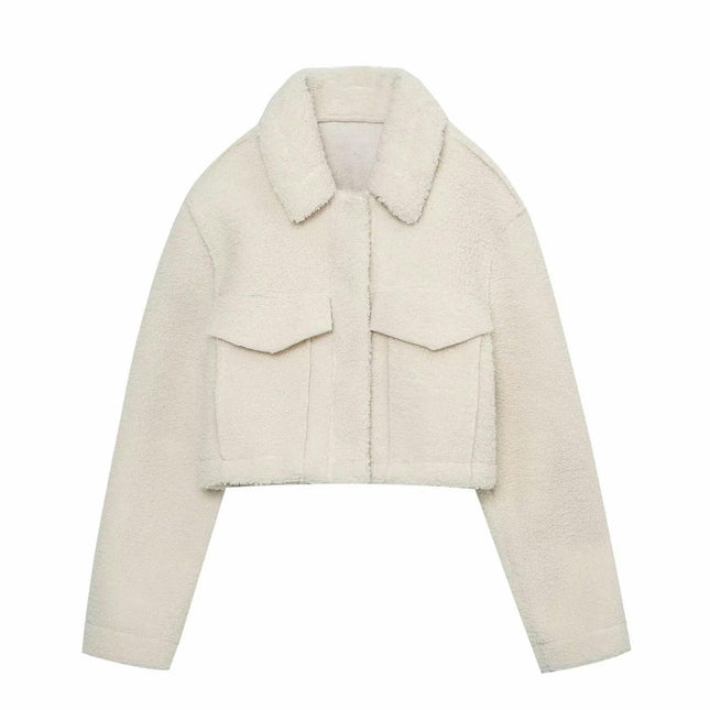 Women Fall Winter Fleece Jacket Long Sleeve Casual Button Fuzzy Sherpa Cropped Coats Outerwear