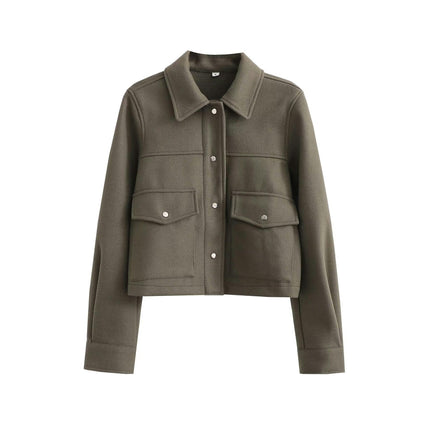Womens Cropped Blend Jackets Lapel Button Down Bomber Jacket Coats with Pockets