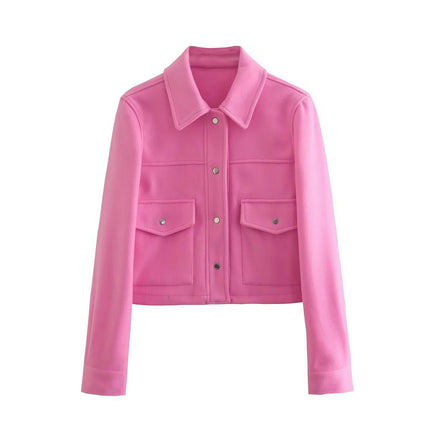 Womens Cropped Blend Jackets Lapel Button Down Bomber Jacket Coats with Pockets