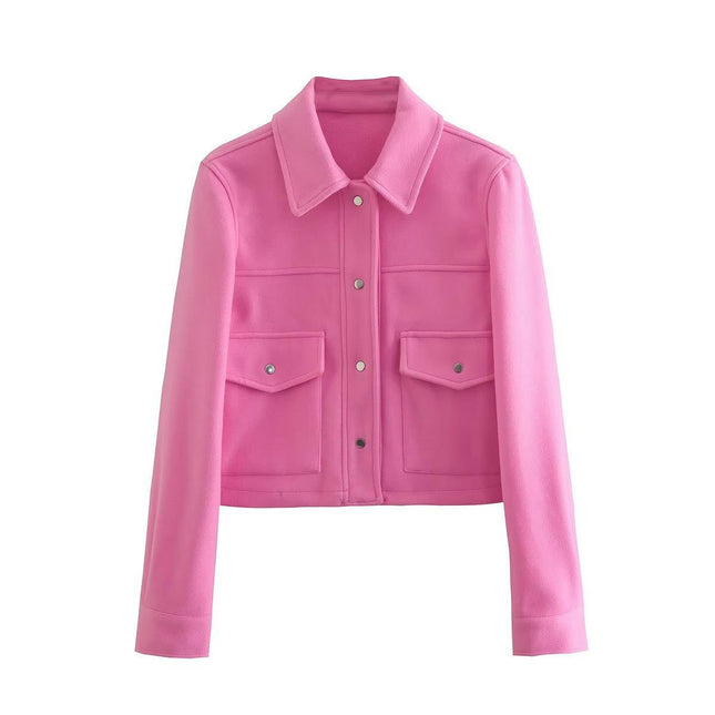 Womens Cropped Blend Jackets Lapel Button Down Bomber Jacket Coats with Pockets