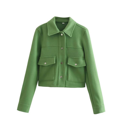 Womens Cropped Blend Jackets Lapel Button Down Bomber Jacket Coats with Pockets