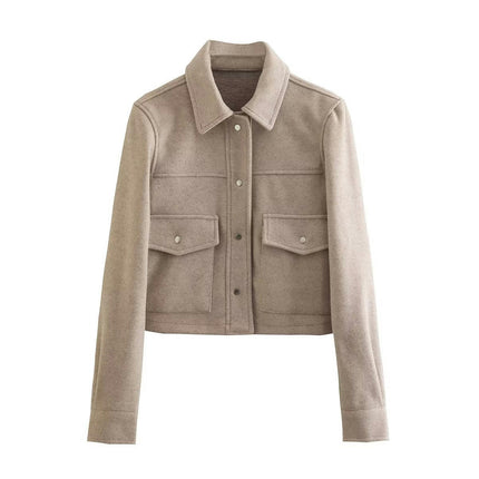 Womens Cropped Blend Jackets Lapel Button Down Bomber Jacket Coats with Pockets
