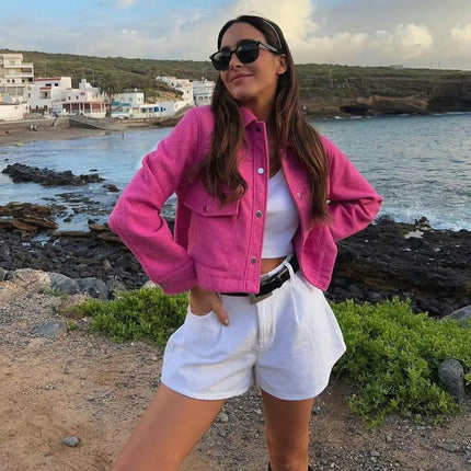 Womens Cropped Blend Jackets Lapel Button Down Bomber Jacket Coats with Pockets