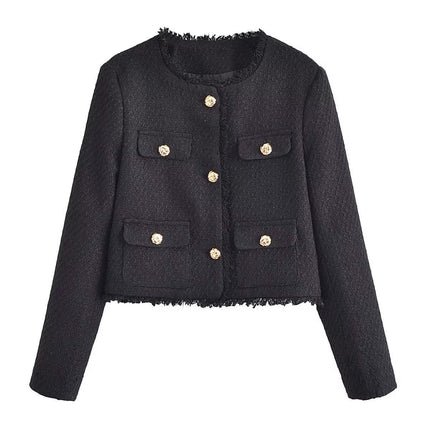 Women's Tweed Jackets Long Sleeve Business Button Down Casual Cropped Blazer with Pockets