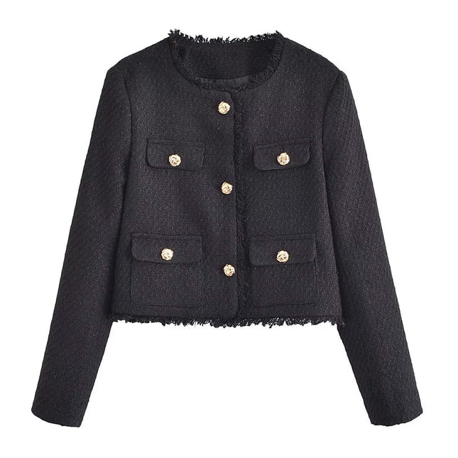 Women's Tweed Jackets Long Sleeve Business Button Down Casual Cropped Blazer with Pockets
