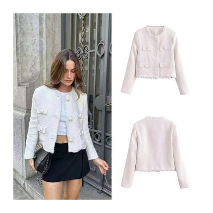 Women's Tweed Jackets Long Sleeve Business Button Down Casual Cropped Blazer with Pockets