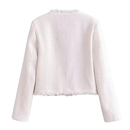 Women's Tweed Jackets Long Sleeve Business Button Down Casual Cropped Blazer with Pockets